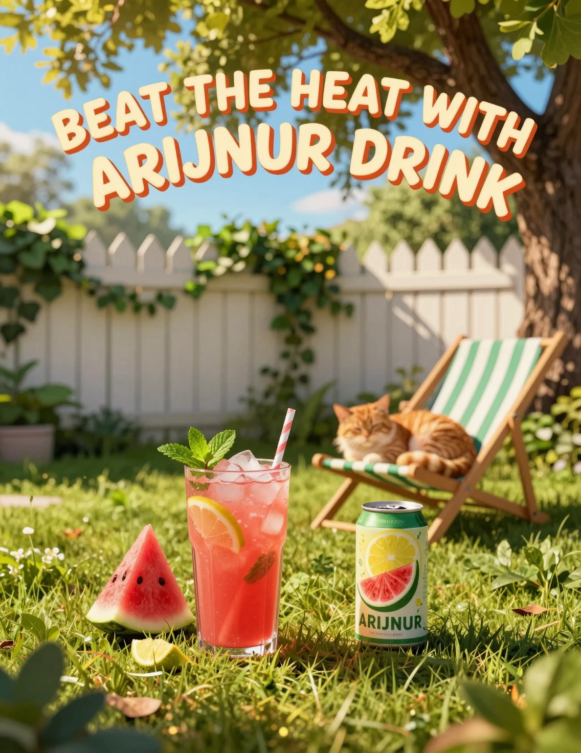 Gekühlte Wassermelonenlimonade und Katze im sonnigen Garten