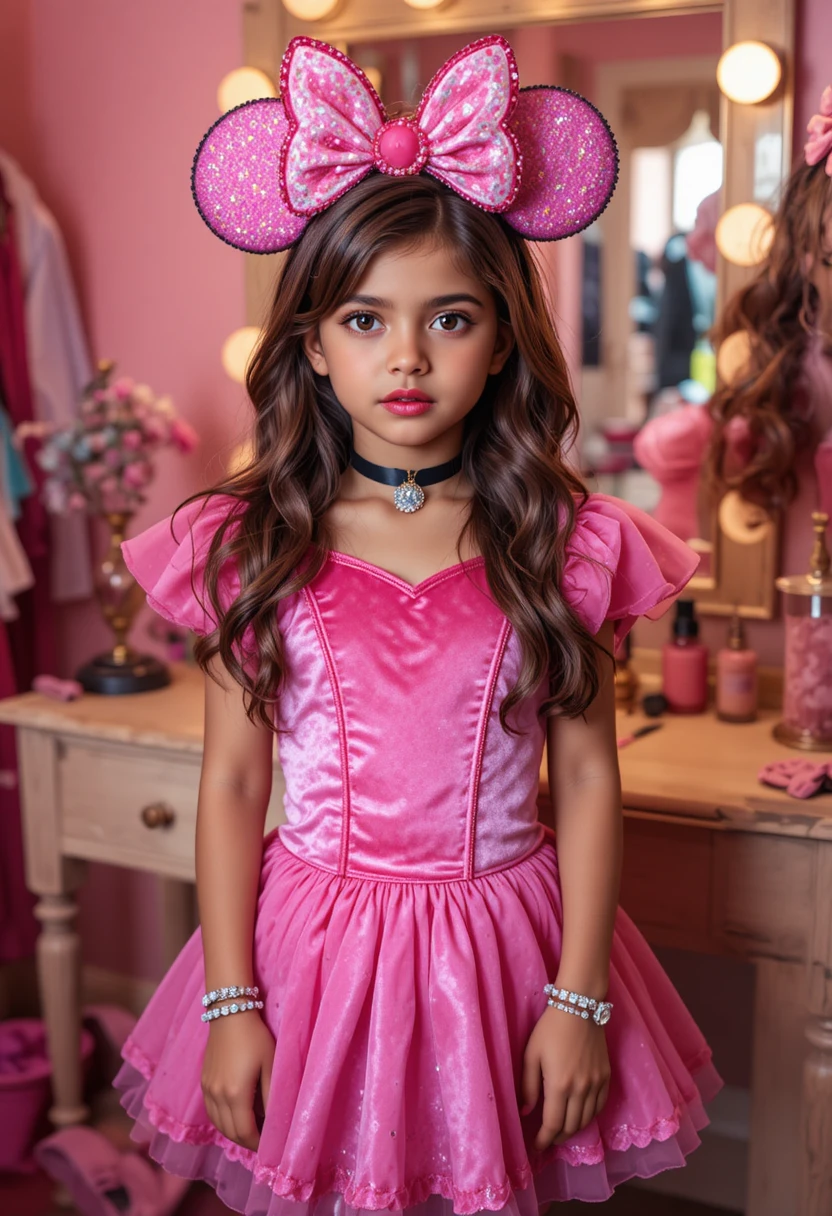 Pré-adolescente nervosa em fantasia de princesa inspirada na Minnie diante da penteadeira