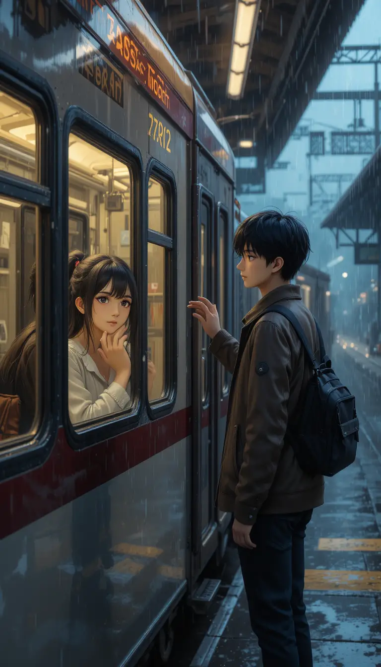 雨の駅の窓辺で別れを告げるアニメカップル