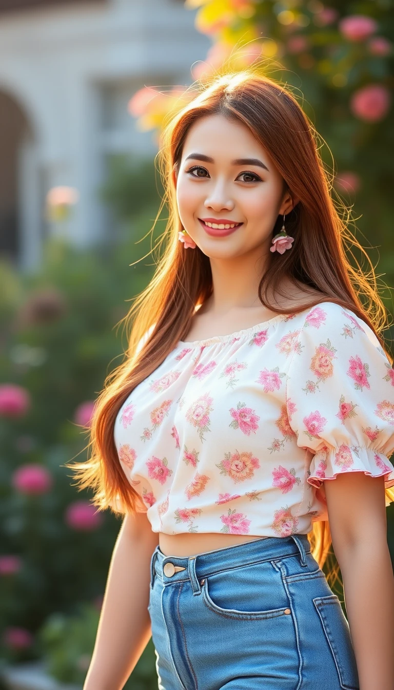 햇살 가득한 정원에서 꽃무늬 블라우스를 입고 미소 짓는 여성