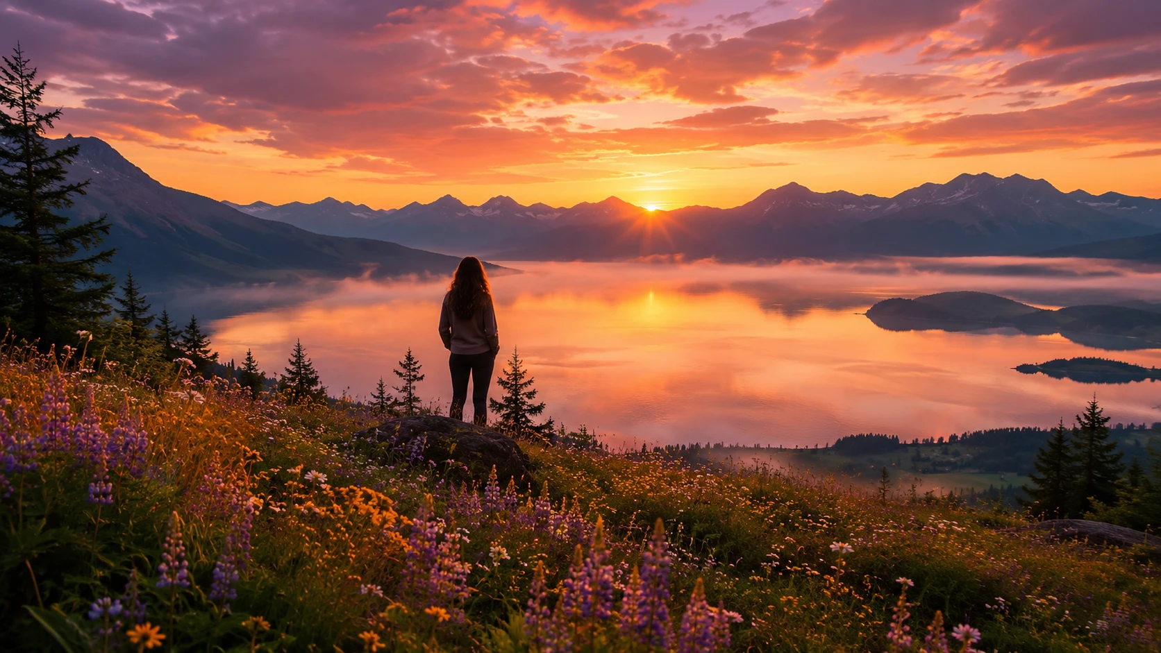 Figura solitária em uma colina ao pôr do sol sobre um lago tranquilo