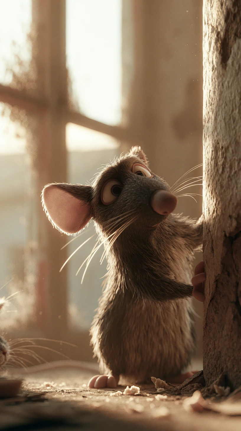 Rato esperto escapando de um gato em uma sala de pedra banhada pelo sol