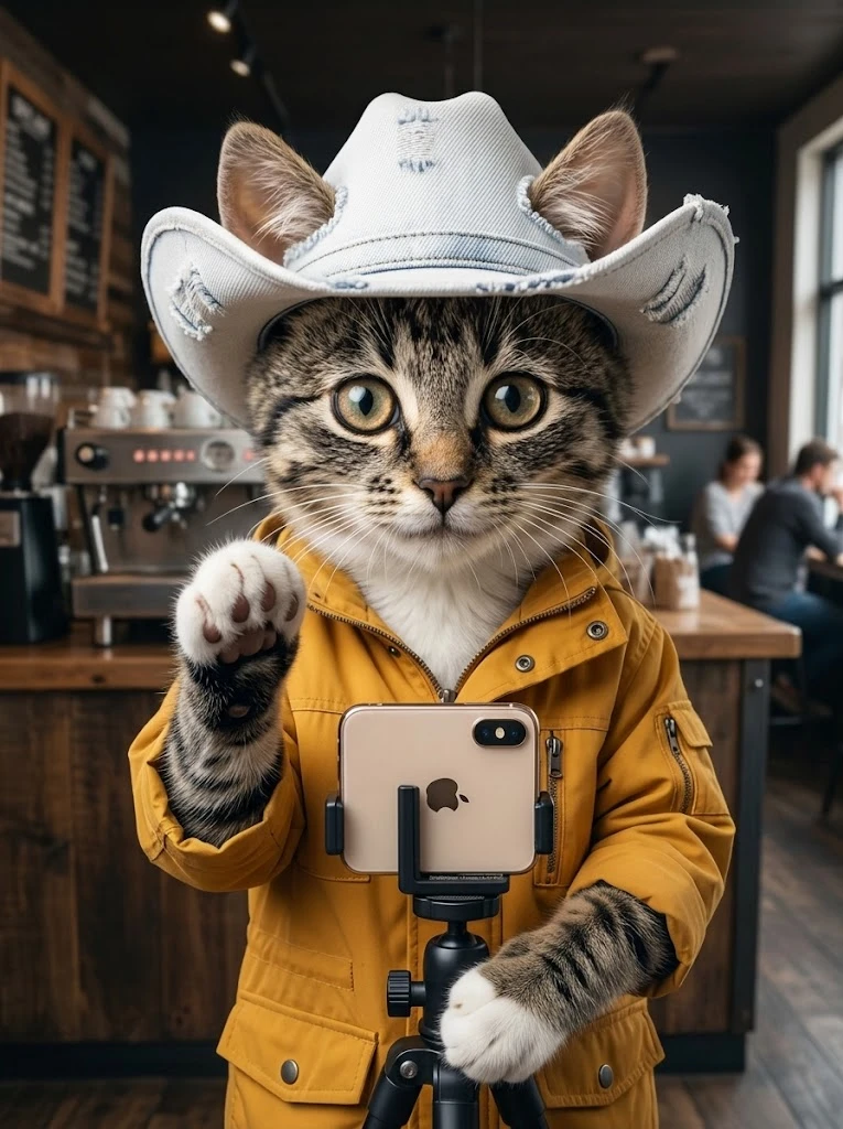 Adorable chat tigré vlogger avec chapeau de cowboy et veste jaune