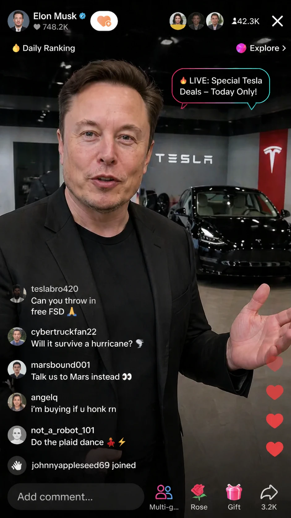 Homem apresenta live bem-humorada para vender carros elétricos