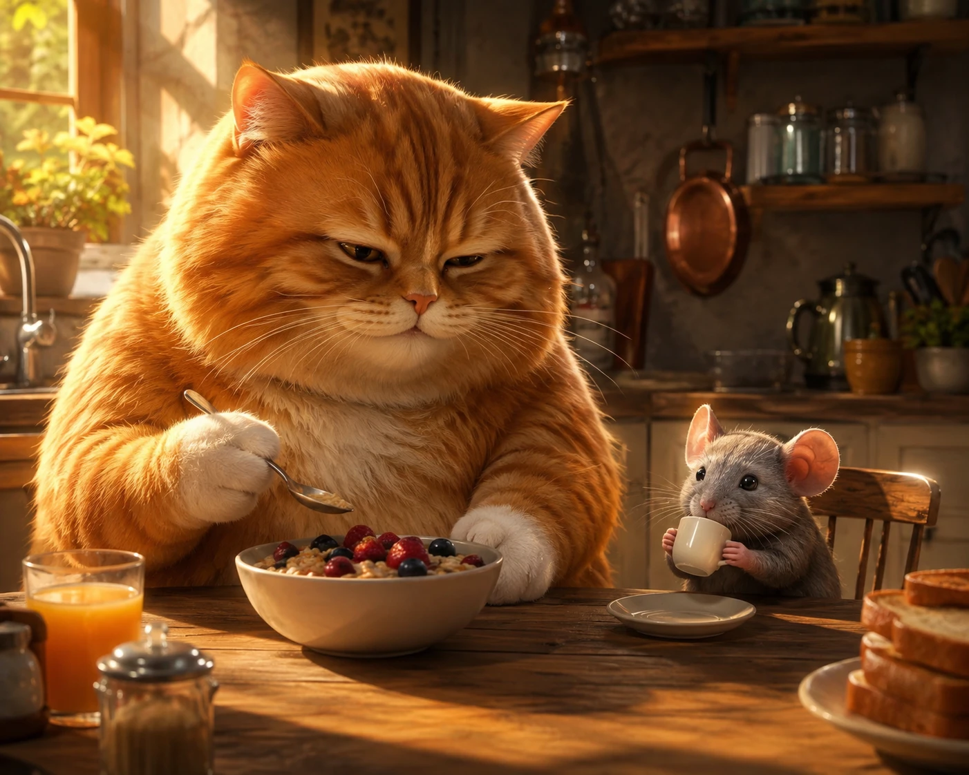 Gato laranja e rato tomando café da manhã na mesa da cozinha