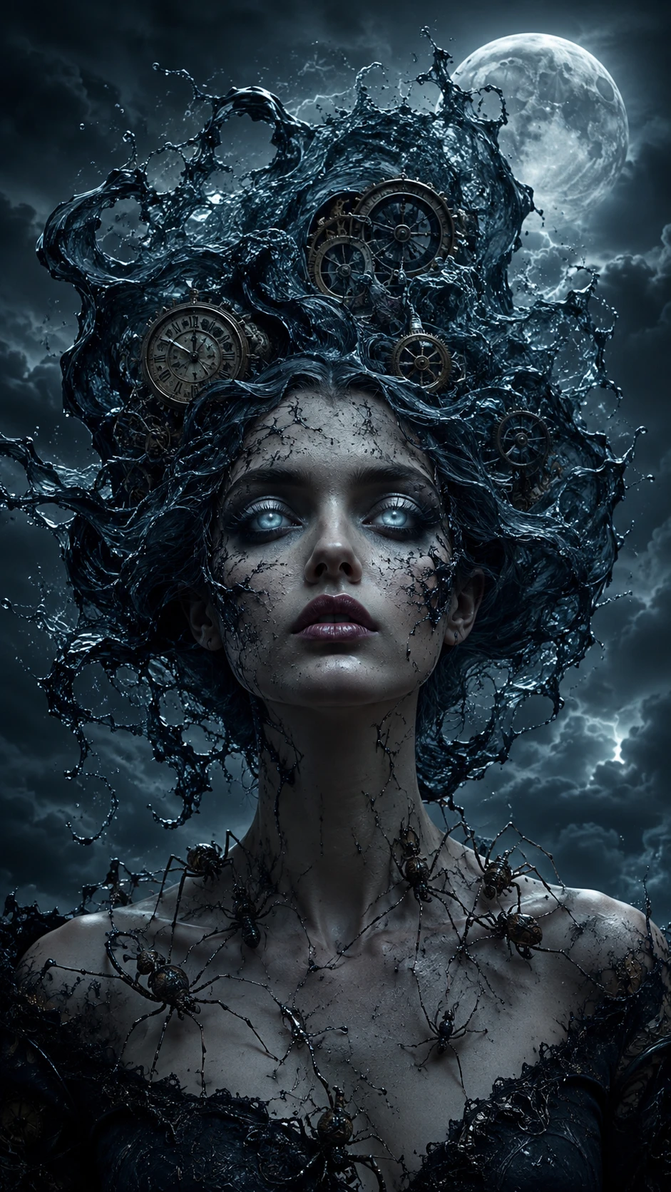 Mulher surreal com cabelo de água e detalhes de engrenagens