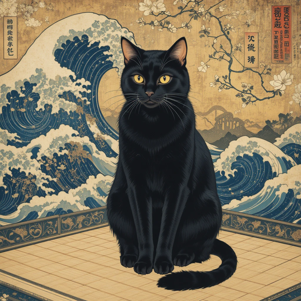 Elegante gato negro sobre tatami en estilo ukiyo-e dorado