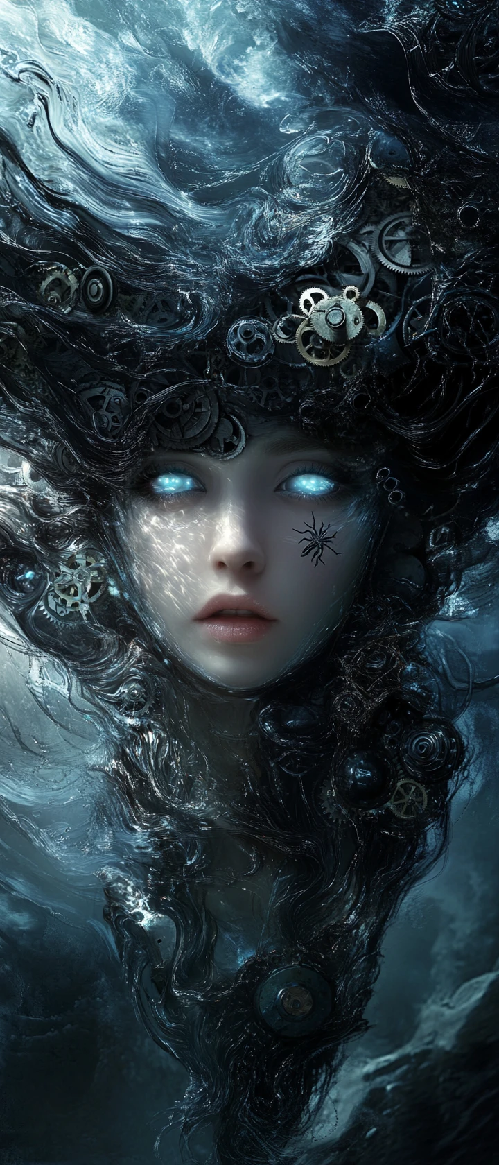 Mulher surreal com cabelo de água líquida e detalhes de engrenagens