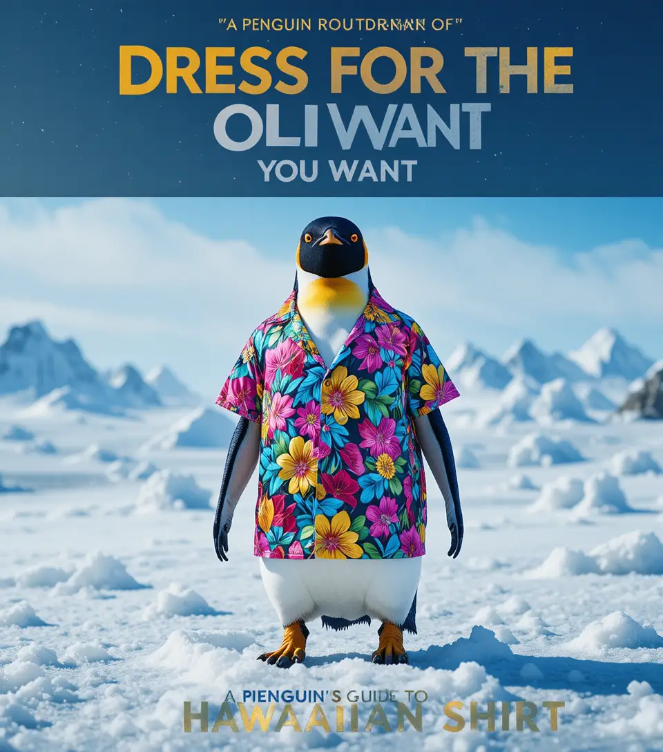 Pinguim-imperador com camisa tropical em capa de livro nevada