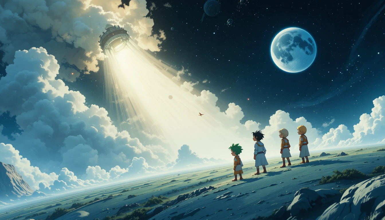 Amigos de desenho animado lançam um foguete da Terra para o espaço