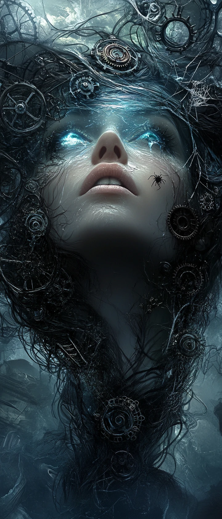 Mulher surreal com cabelo de água e detalhes mecânicos