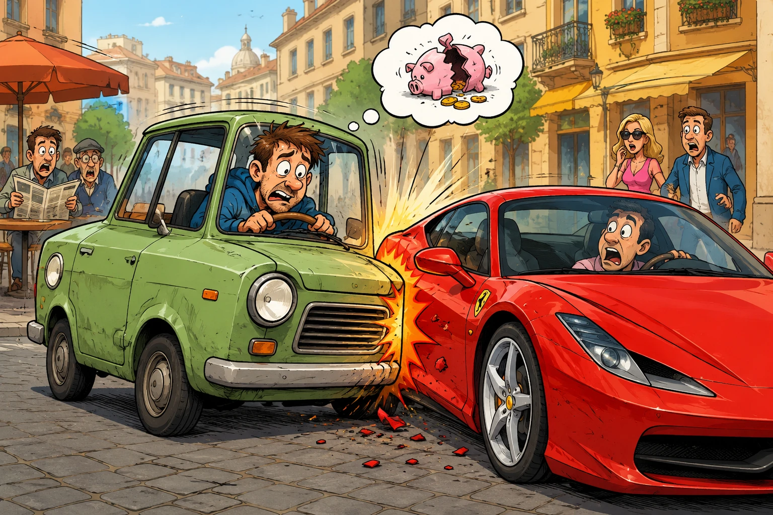 紅色跑車趣味停車場景的漫畫插畫