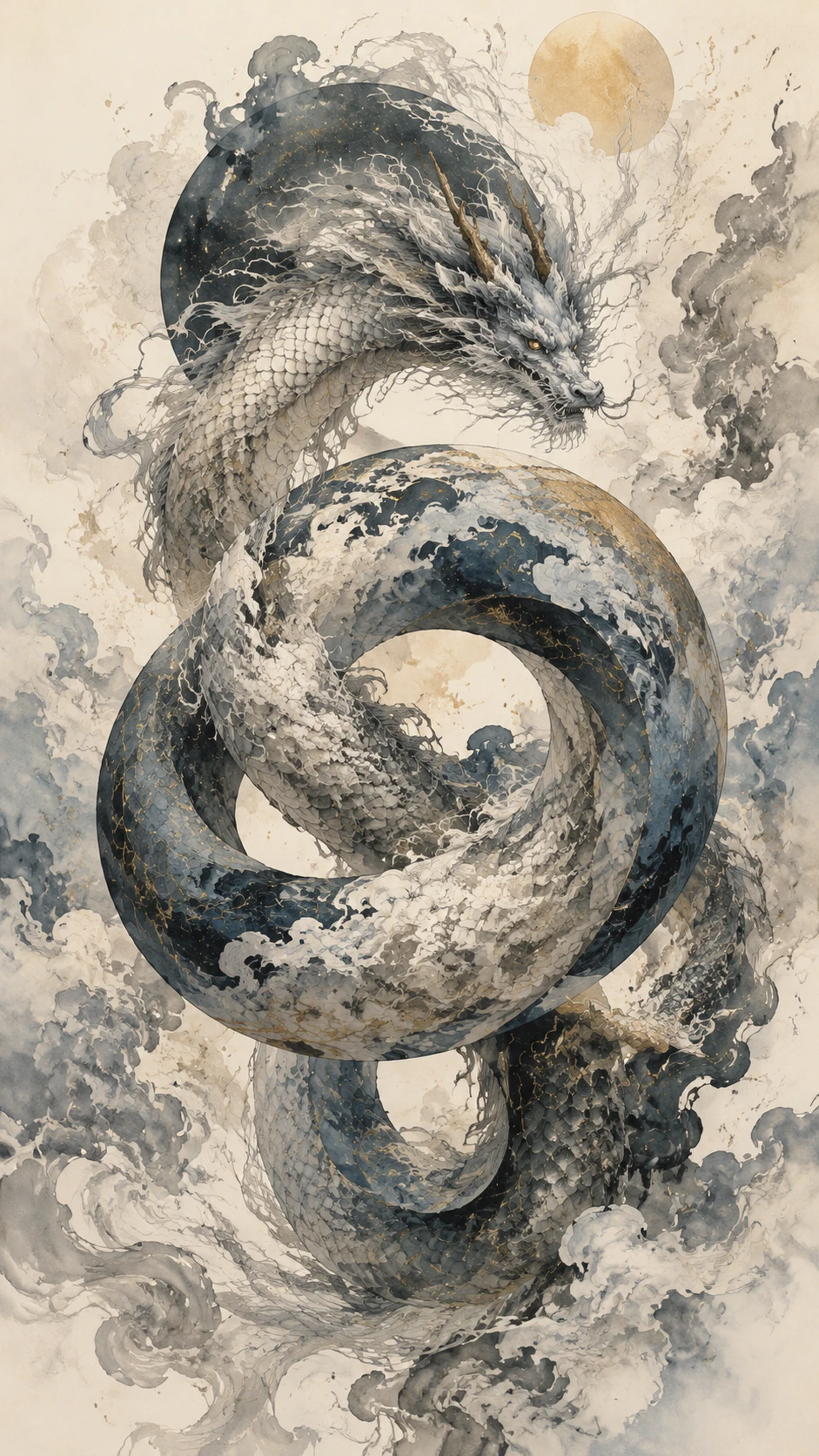 Dragão celestial em espiral entre nuvens em aquarela e tinta