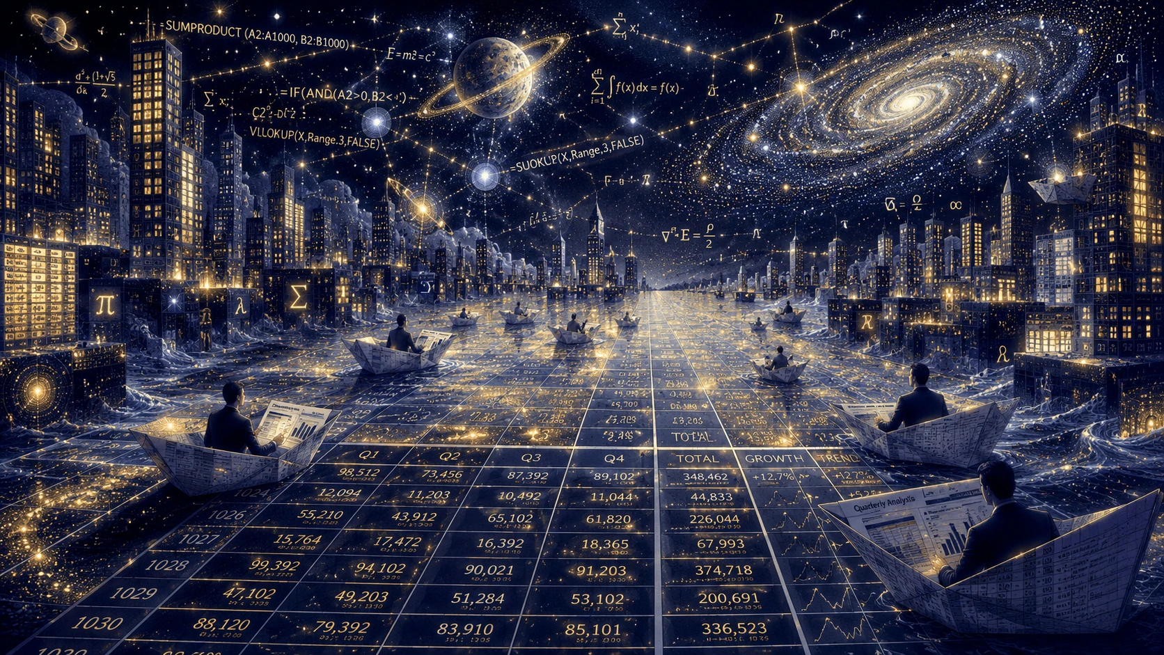 Des fenêtres de feuille de calcul surréelles forment une ville futuriste dans l’espace