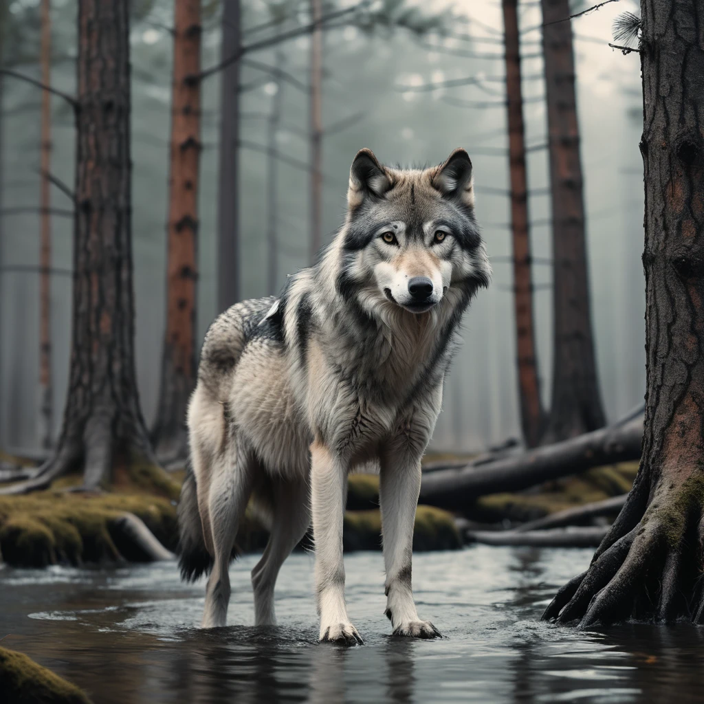 Lobo-cinzento selvagem à beira de um rio na floresta