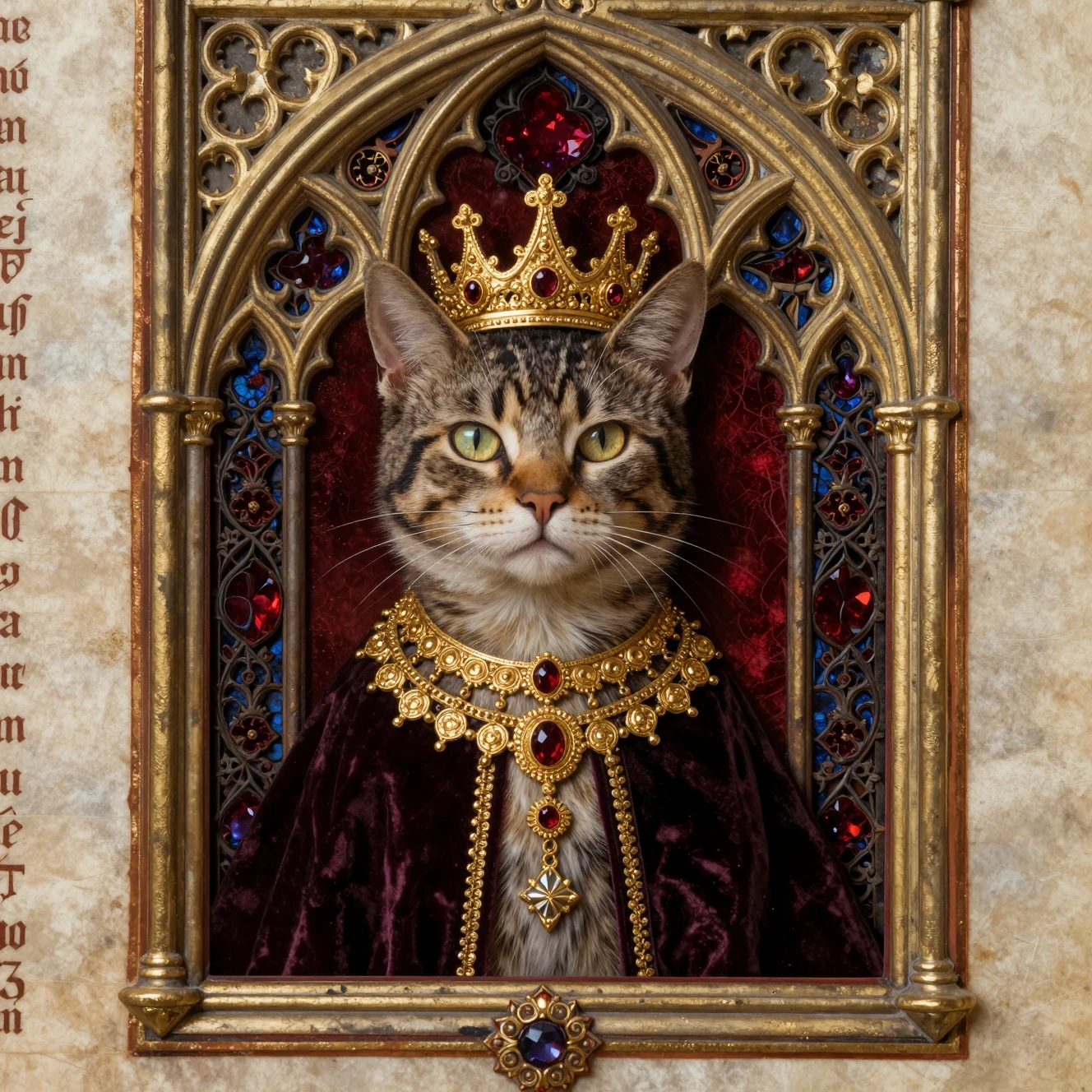 Gato gótico régio em moldura de manuscrito iluminado ornamentado