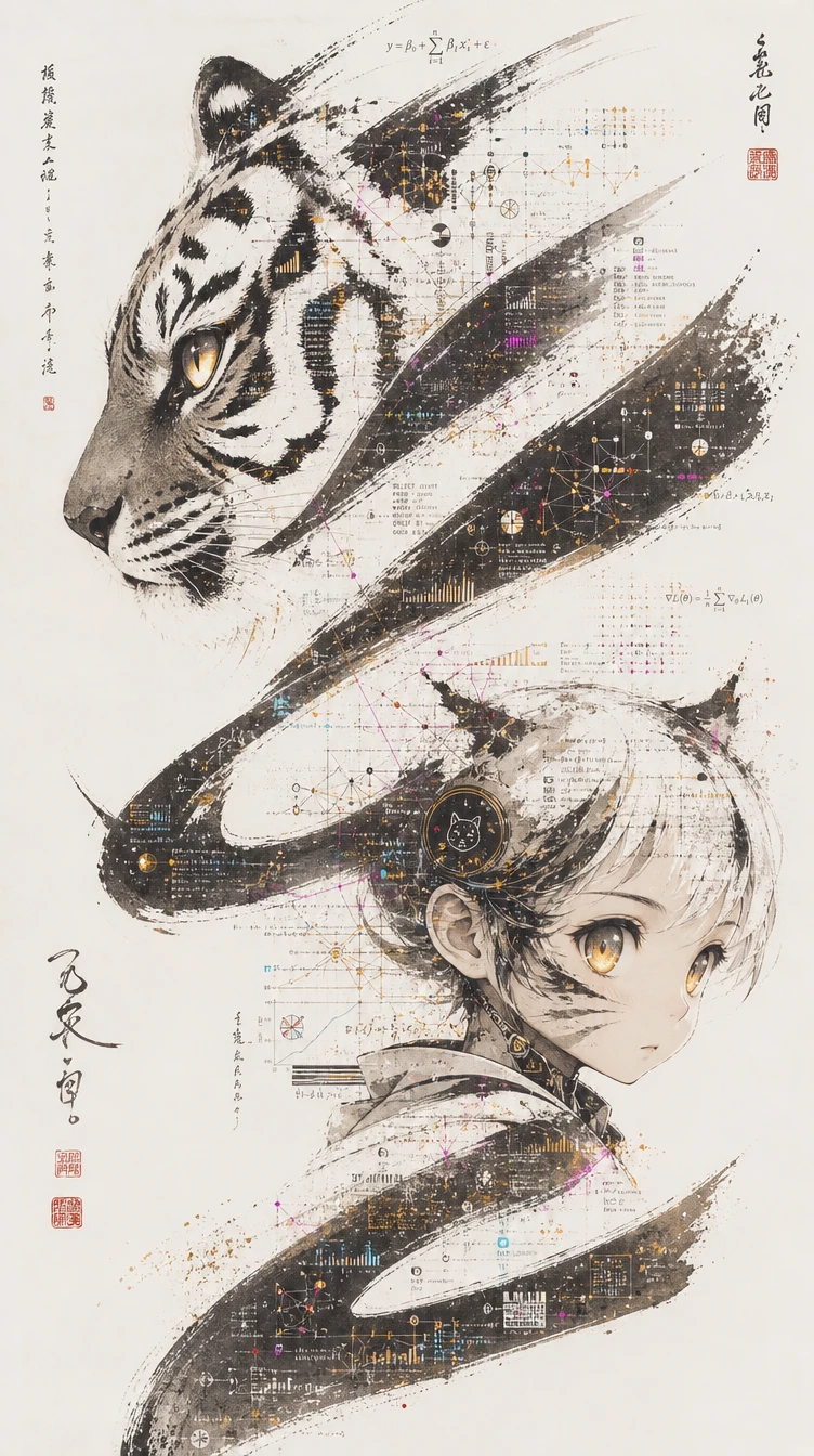 Tigre sumi-e fusionné avec enfant félin futuriste à l’encre