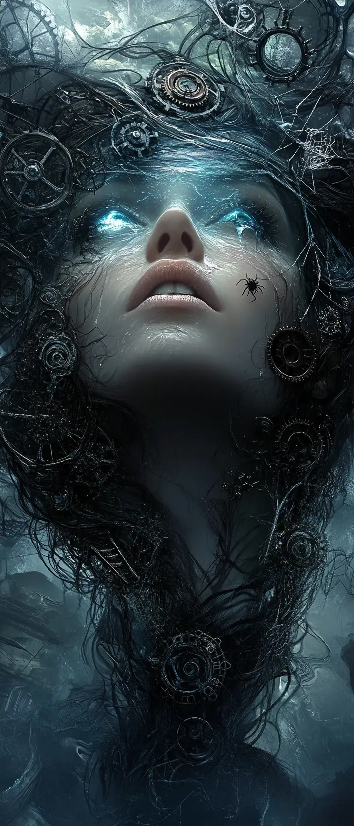 Surreal woman with water hair and clockwork details