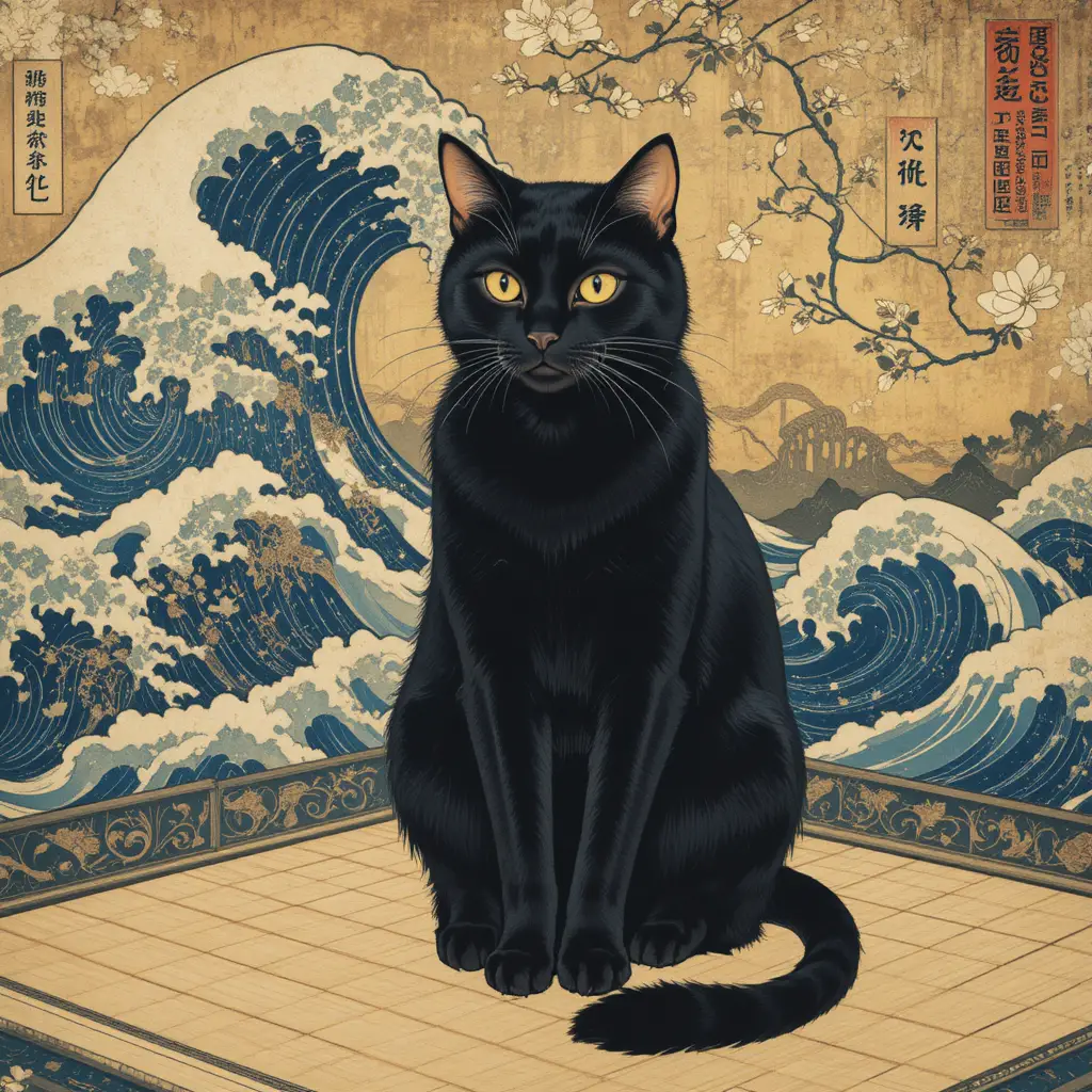 Regale gatto nero sul tatami in stile ukiyo-e dorato