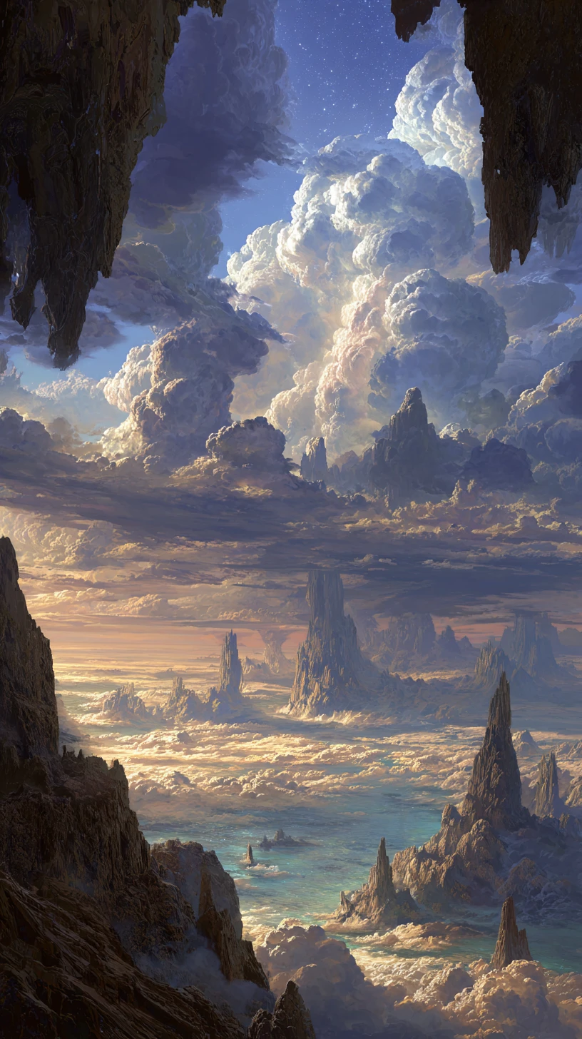 Paysage de fantaisie surréaliste avec montagnes inversées et nuages