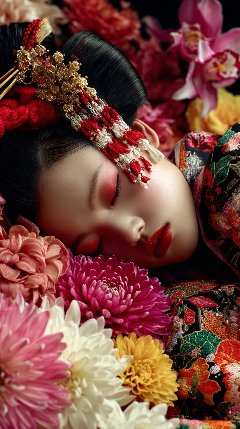 Schlafendes Geisha-inspiriertes Porträt mit Blumen und Kimono