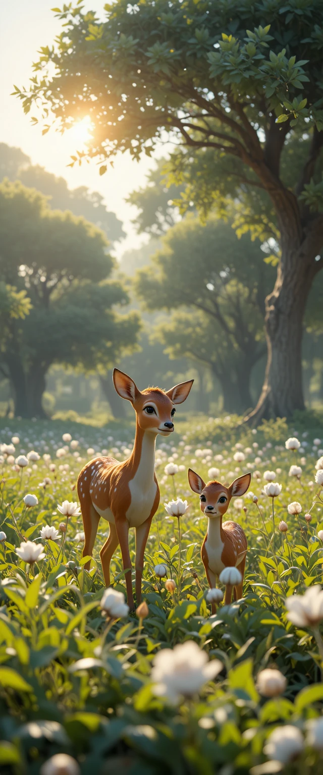 Biche douce et faon reposant dans une prairie baignée de soleil
