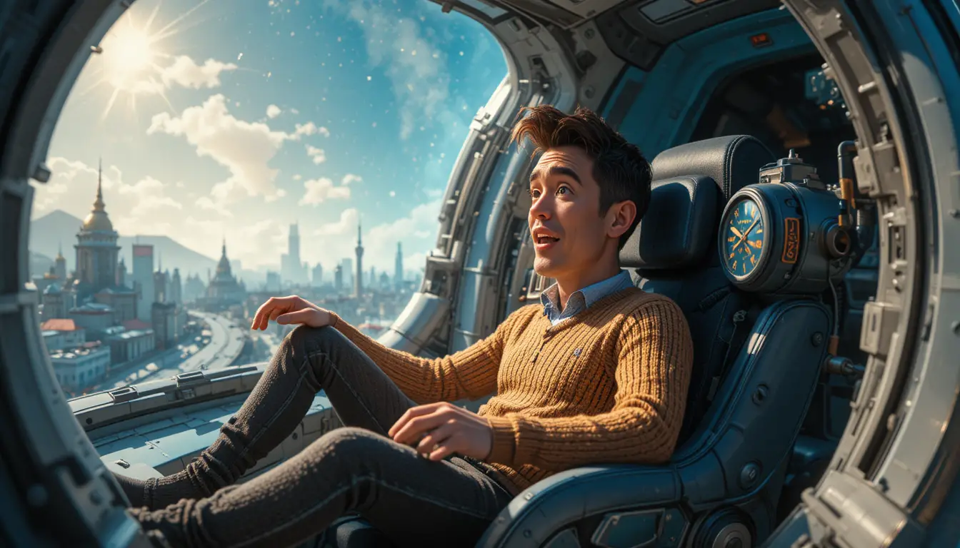 Homem em estilo Pixar sentado dentro de uma máquina do tempo colorida