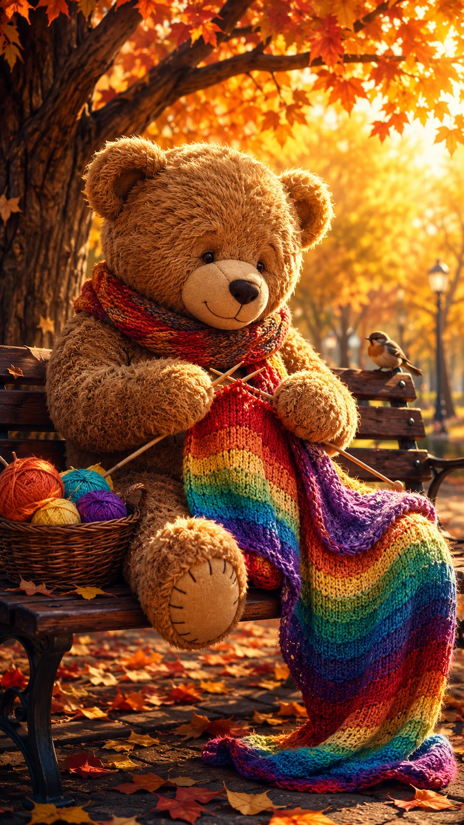 Verspielter Teddybär strickt einen Schal auf einer Parkbank