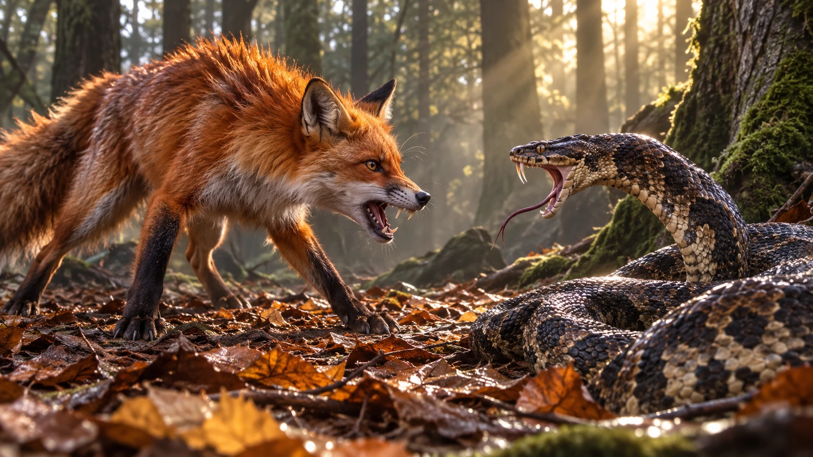 Confrontación entre Zorro y Serpiente en un Bosque Nebuloso e Iluminado por el Sol