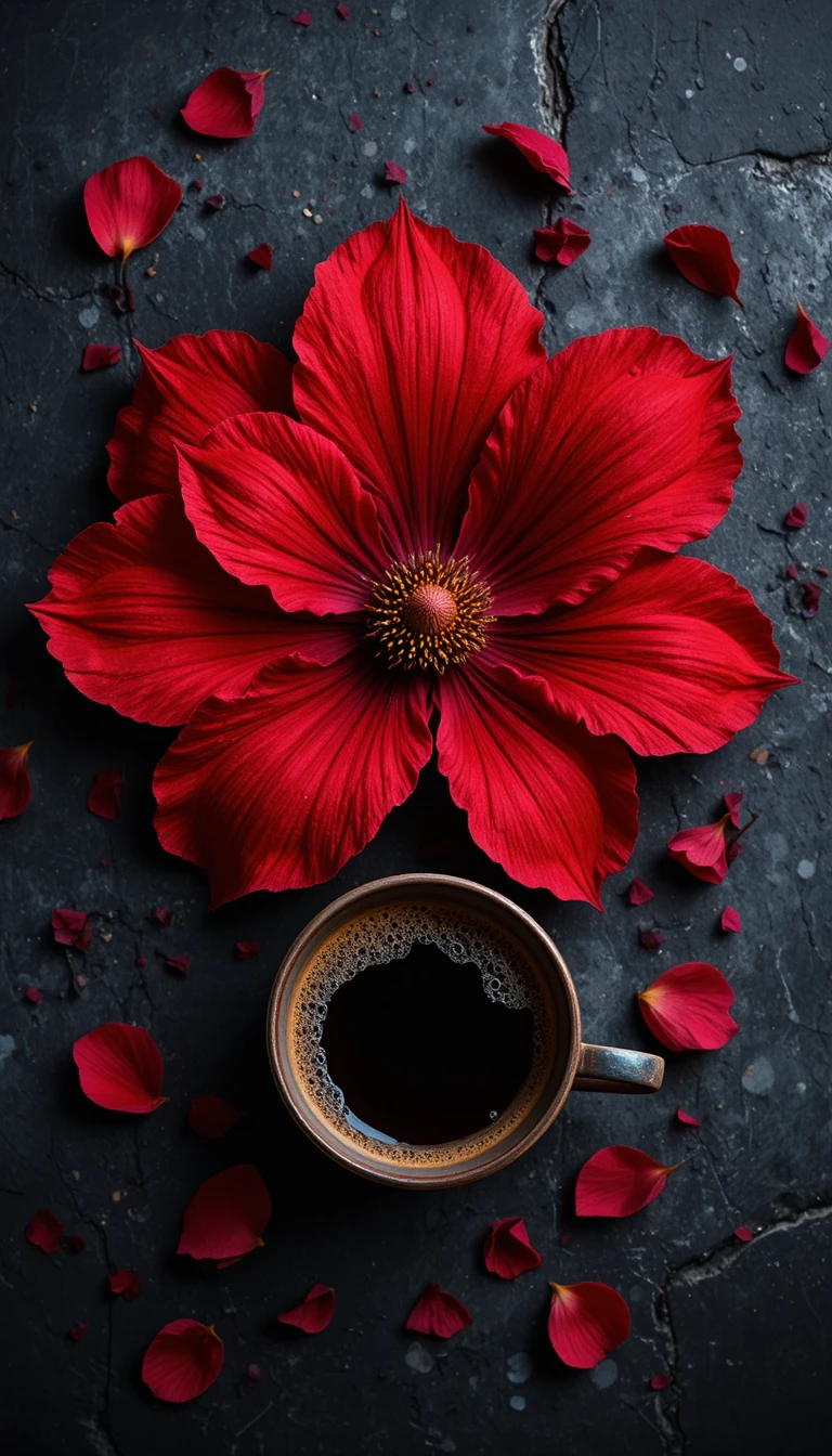 Flor vermelha e espresso sobre pedra escura em vista superior