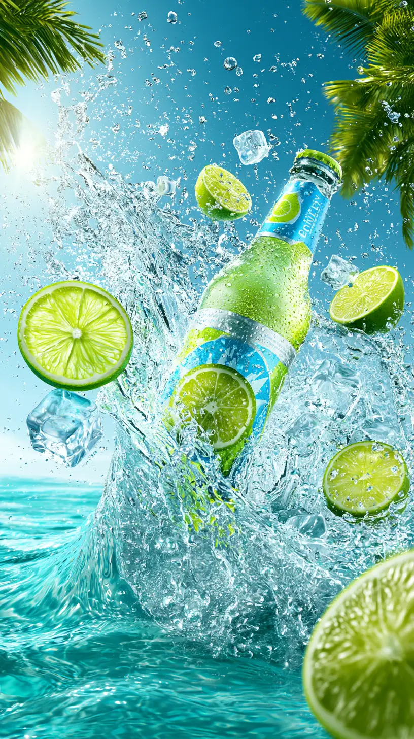 Botella de bebida de lujo irrumpiendo entre una salpicadura de agua cristalina