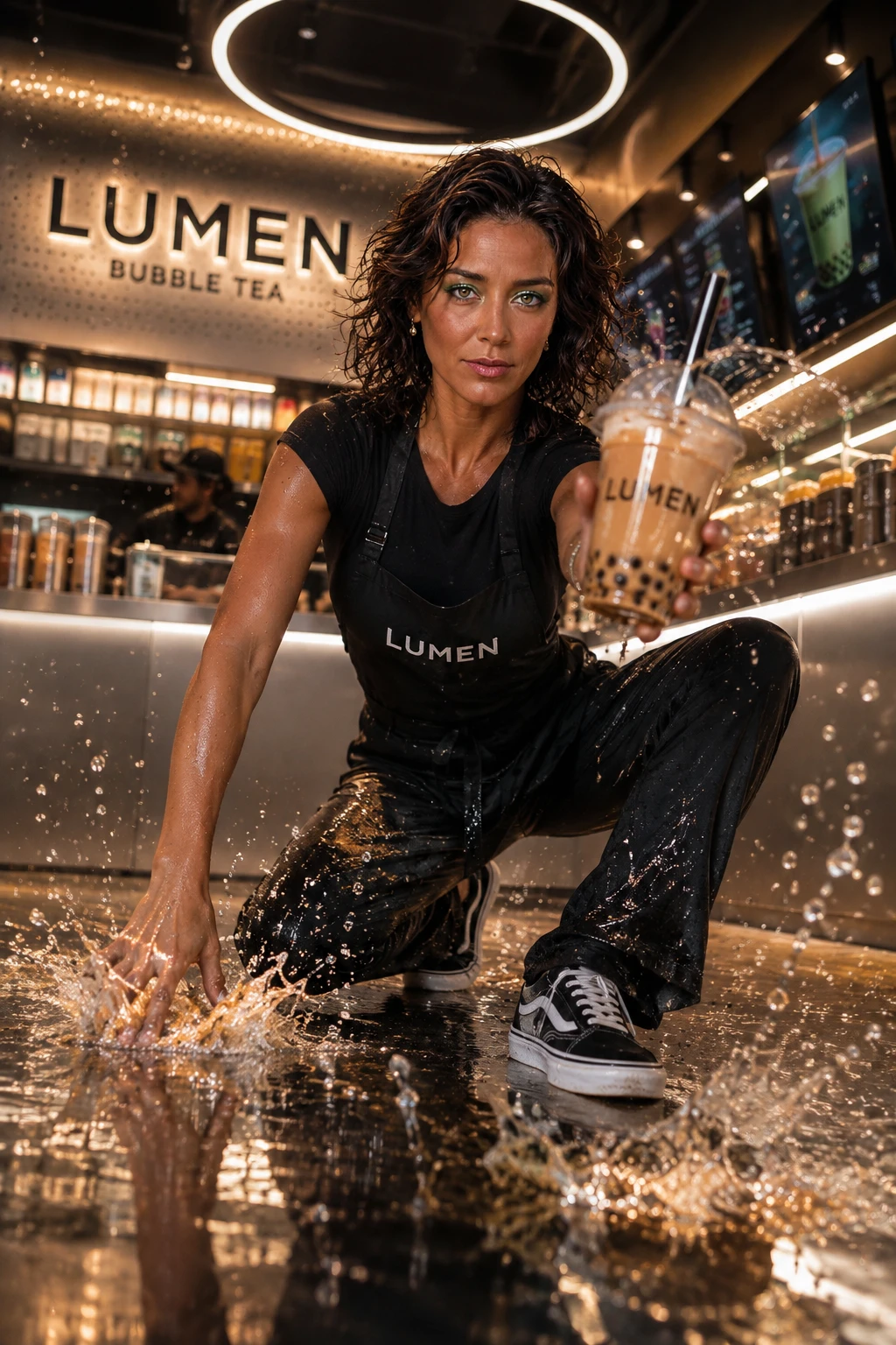 Dynamic action portrait of a woman in a modern bubble tea bar