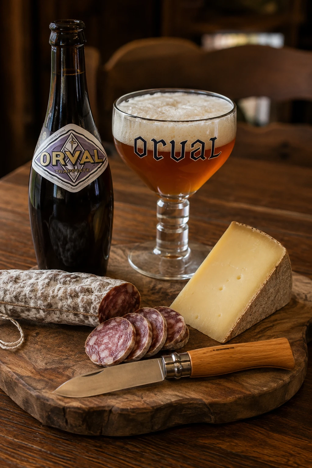 Tabla de quesos y charcutería con cerveza sobre mesa de madera