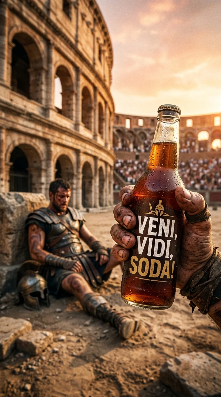 Low angle gladiator with drink bottle in colosseum arena