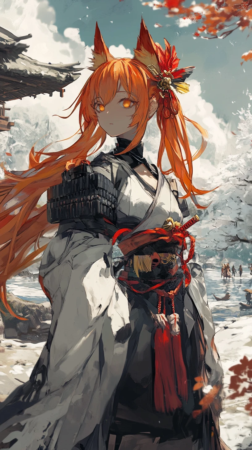 Bewaffnetes Anime-Mädchen in schwarzer Jacke an einem ruhigen See