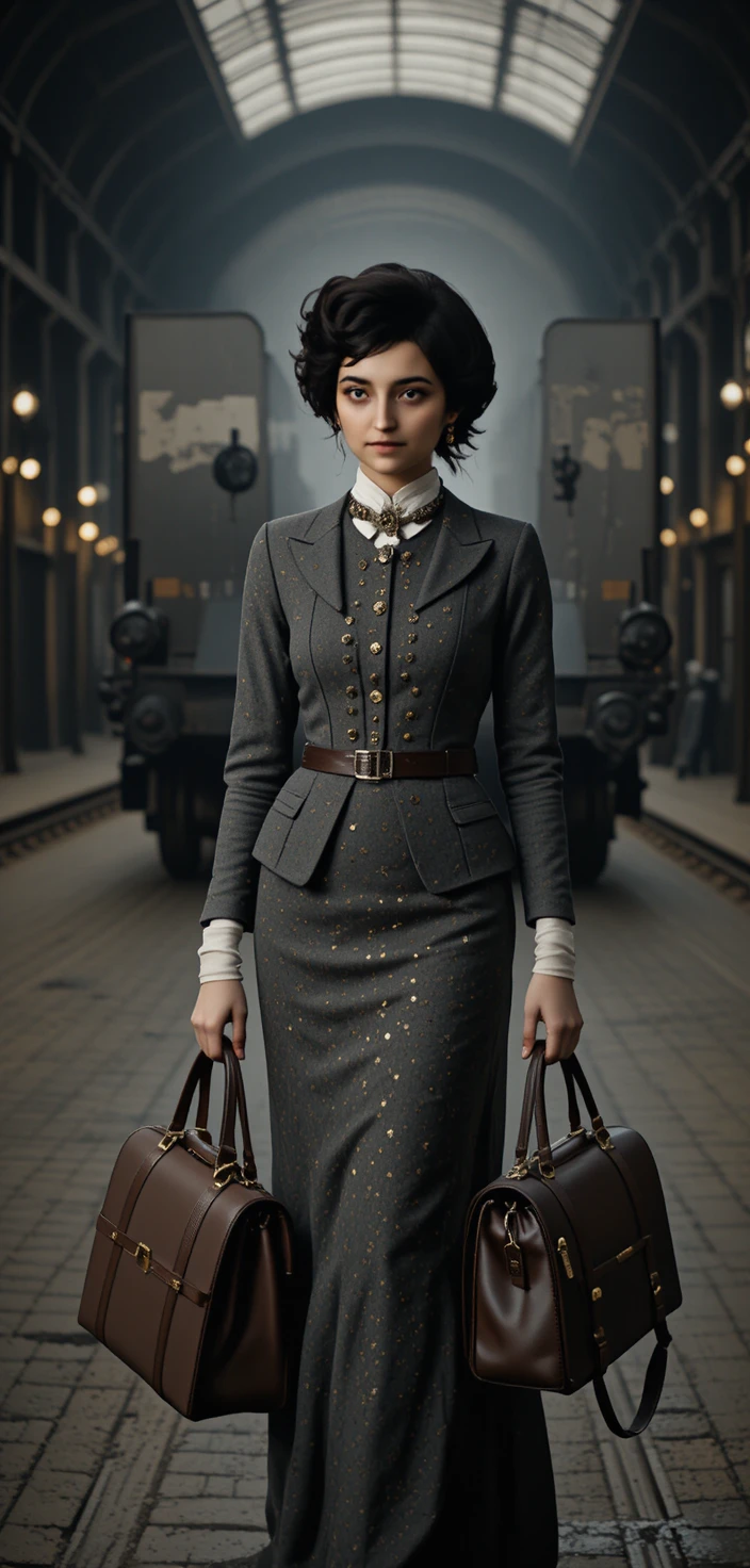 Mujer elegante con traje victoriano en andén de tren nostálgico