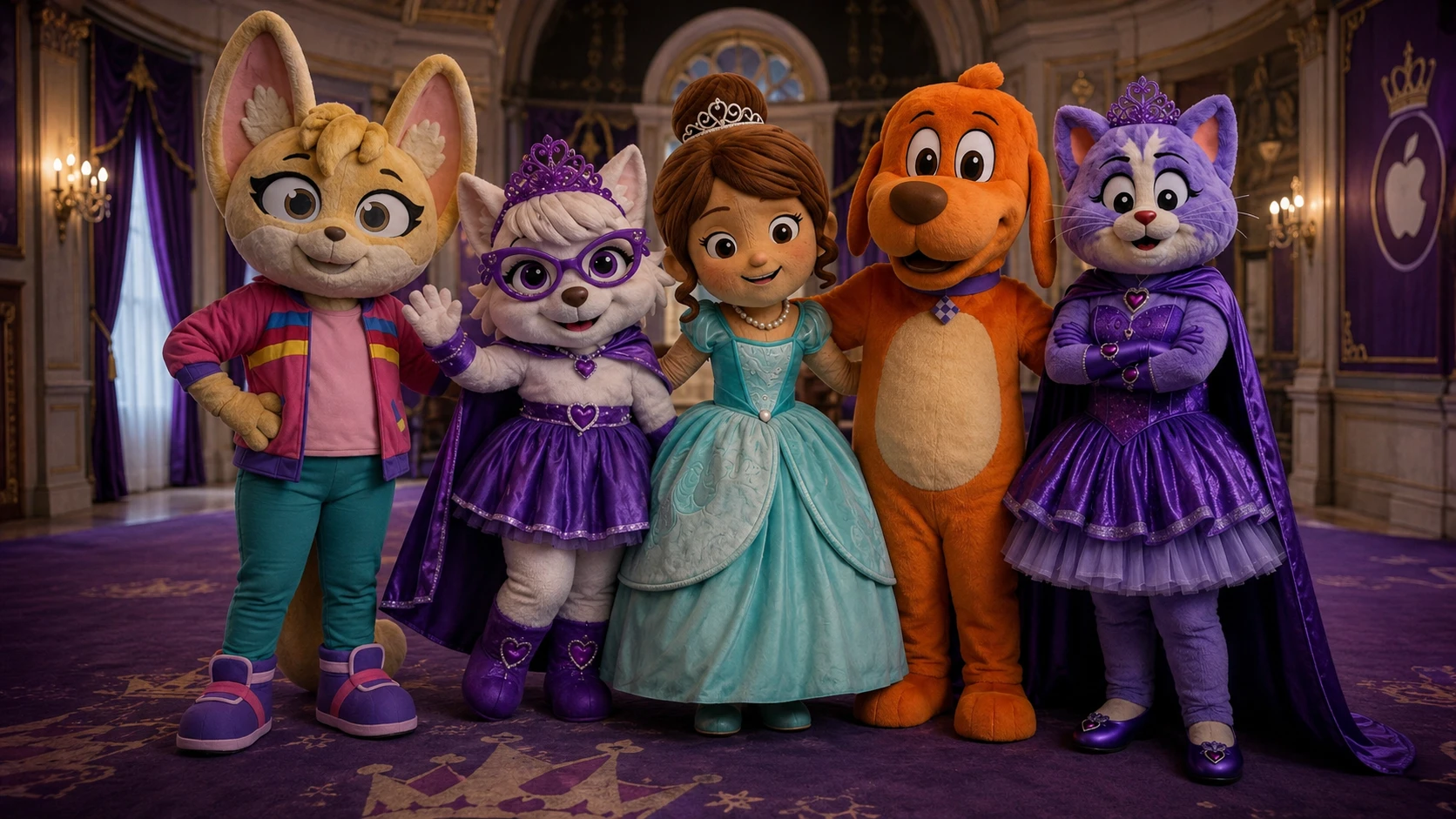 Cinco garotas mascotes posando juntas em frente a um castelo