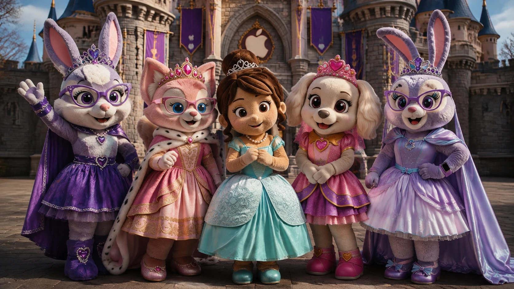 Cinco garotas mascotes em pé juntas no castelo Trotwood