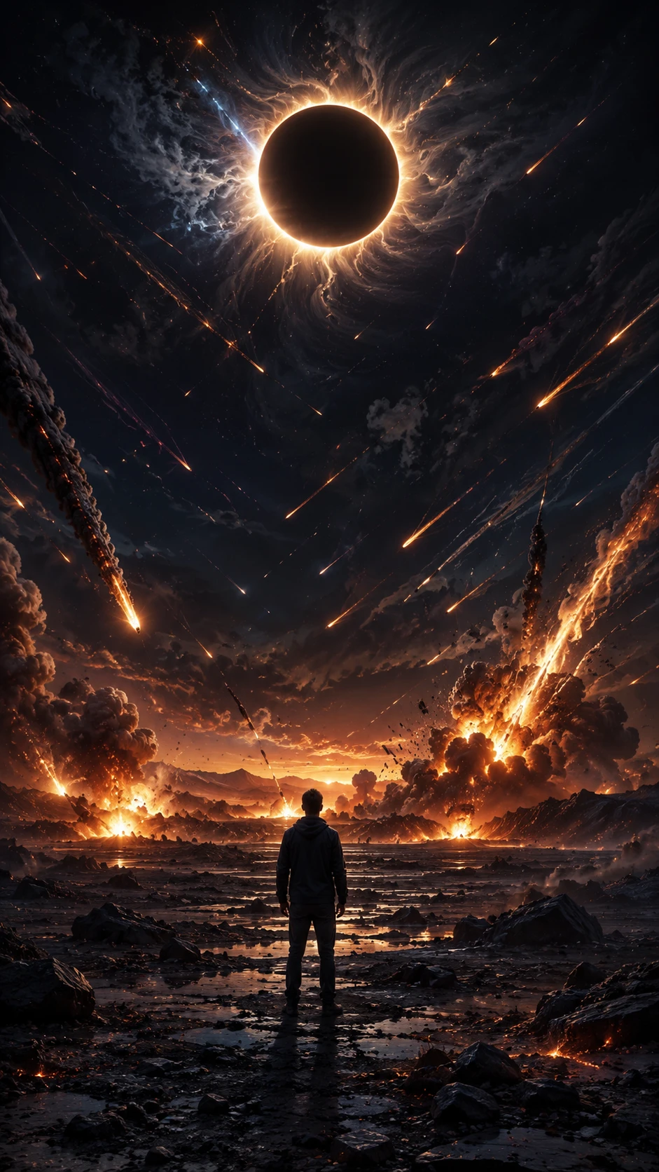Homem observando um eclipse solar sobre paisagem apocalíptica em chamas