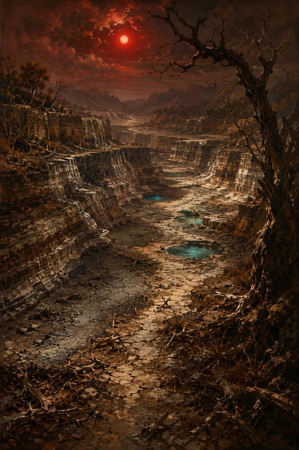 Peinture à l’huile d’un lit de rivière de canyon asséché et de cascades disparues