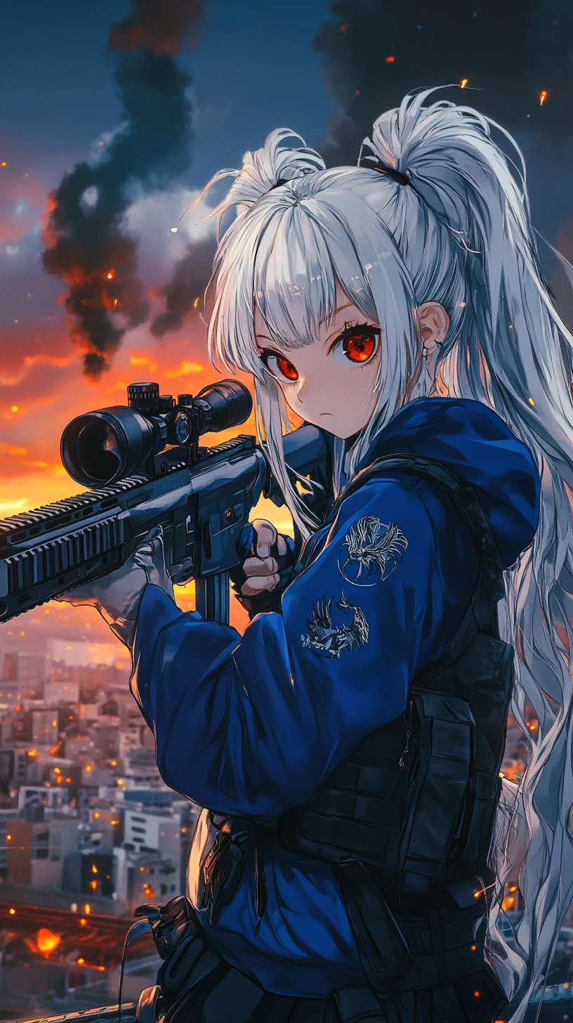 Garota de anime com rifle em zona de guerra urbana destruída