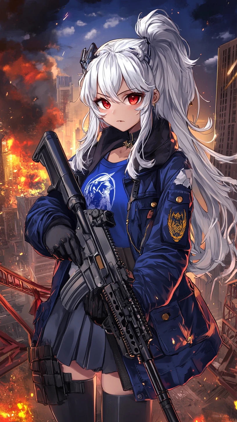 Anime girl with rifle in a ruined urban war zone