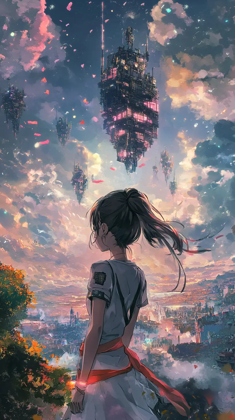 半月之下漂浮天空島上的奇幻城堡