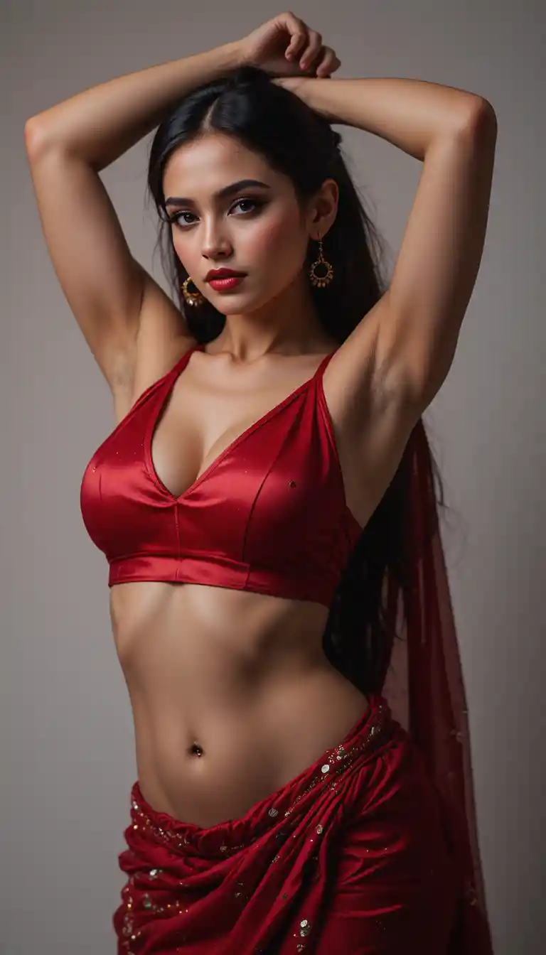 Confident girl posing in red satin blouse and drape