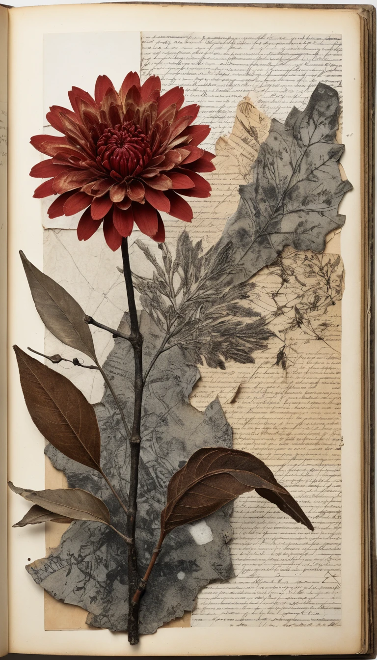 Vintage botanical collage with ink splashes and layered papers