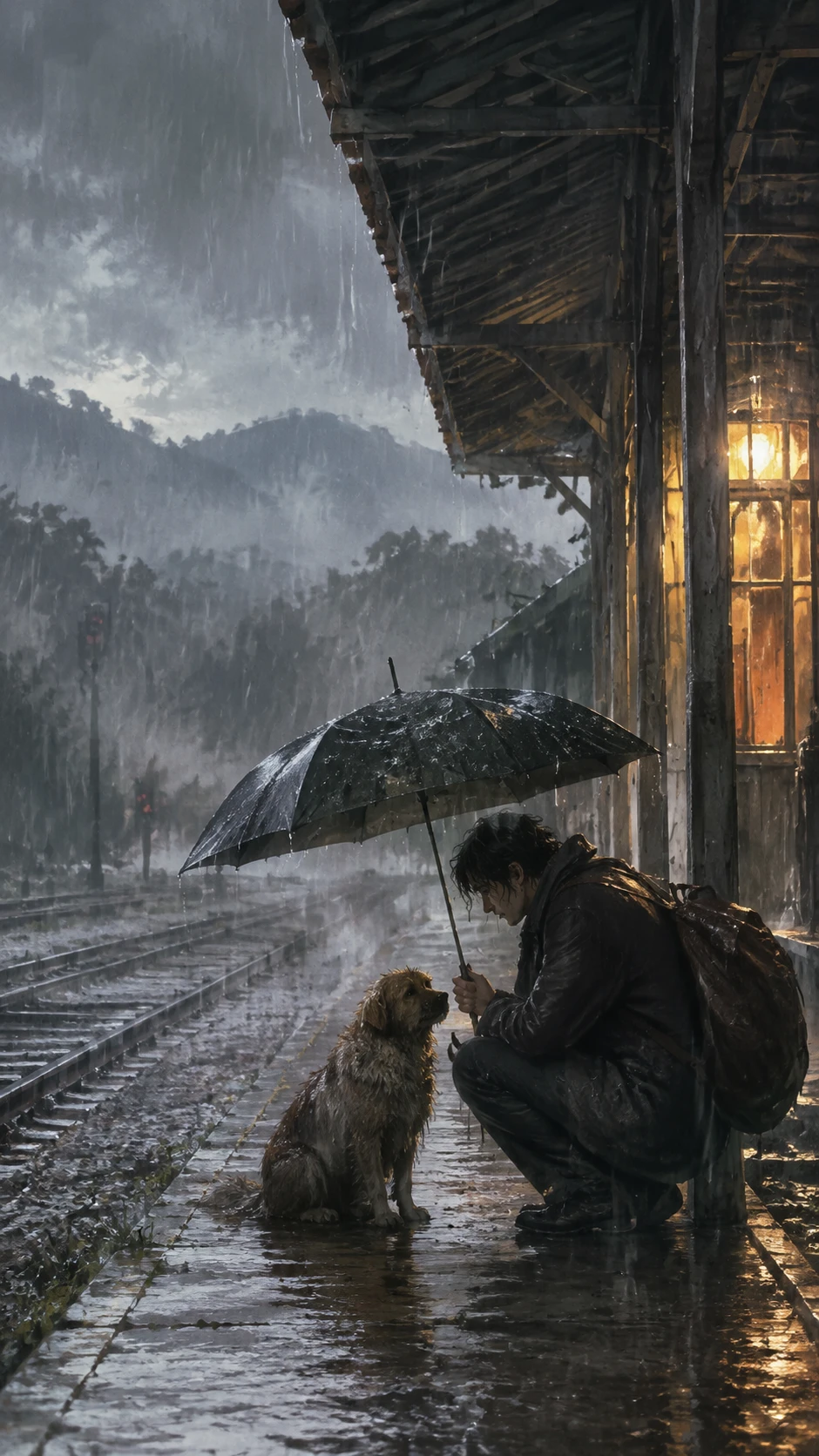 Uomo e cane randagio in attesa sotto un temporale estivo