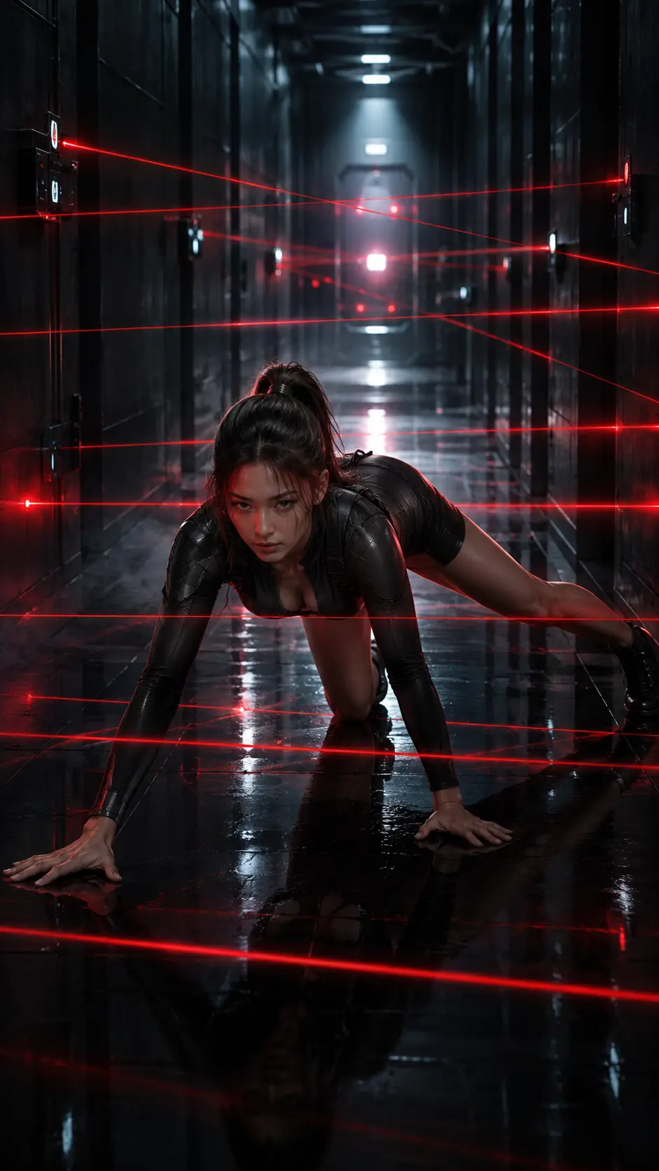 Femme en body noir se faufilant dans un couloir laser