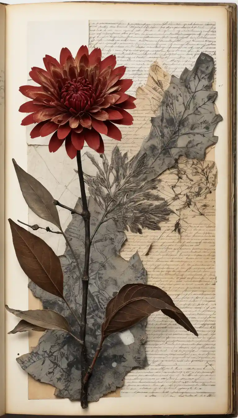 Vintage botanical collage with ink splashes and layered papers
