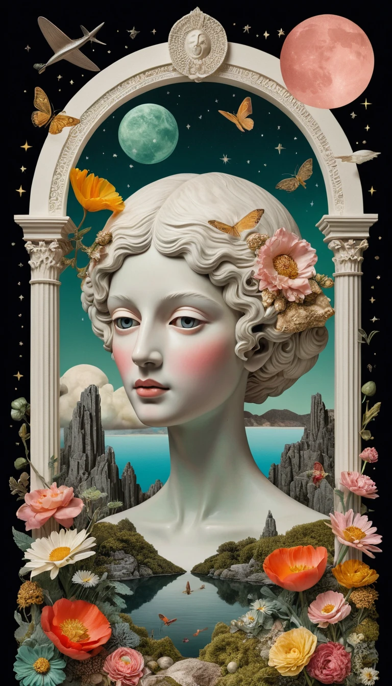 Mulher Surreal em Santuário Ornamental em Meio a Paisagem Marinha em Colagem