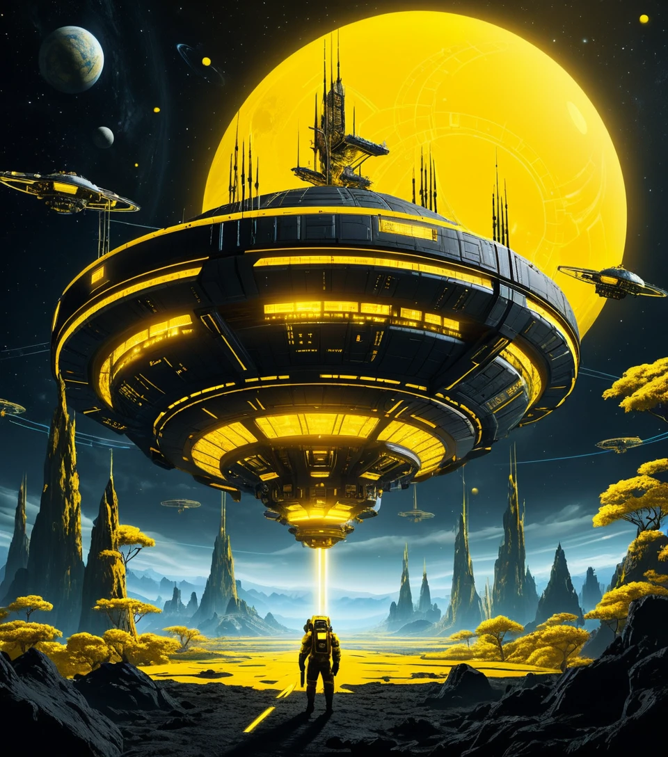 黃色叢林行星上空軌道中的未來感太空站